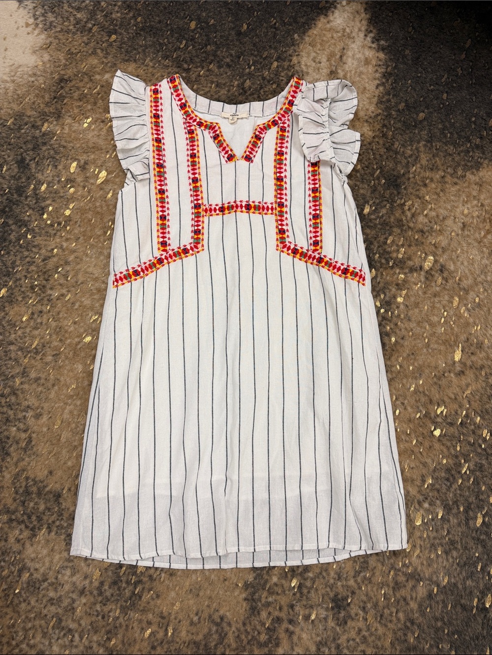 entro White Pinstripe Dress with Pink and Red Embroidery small